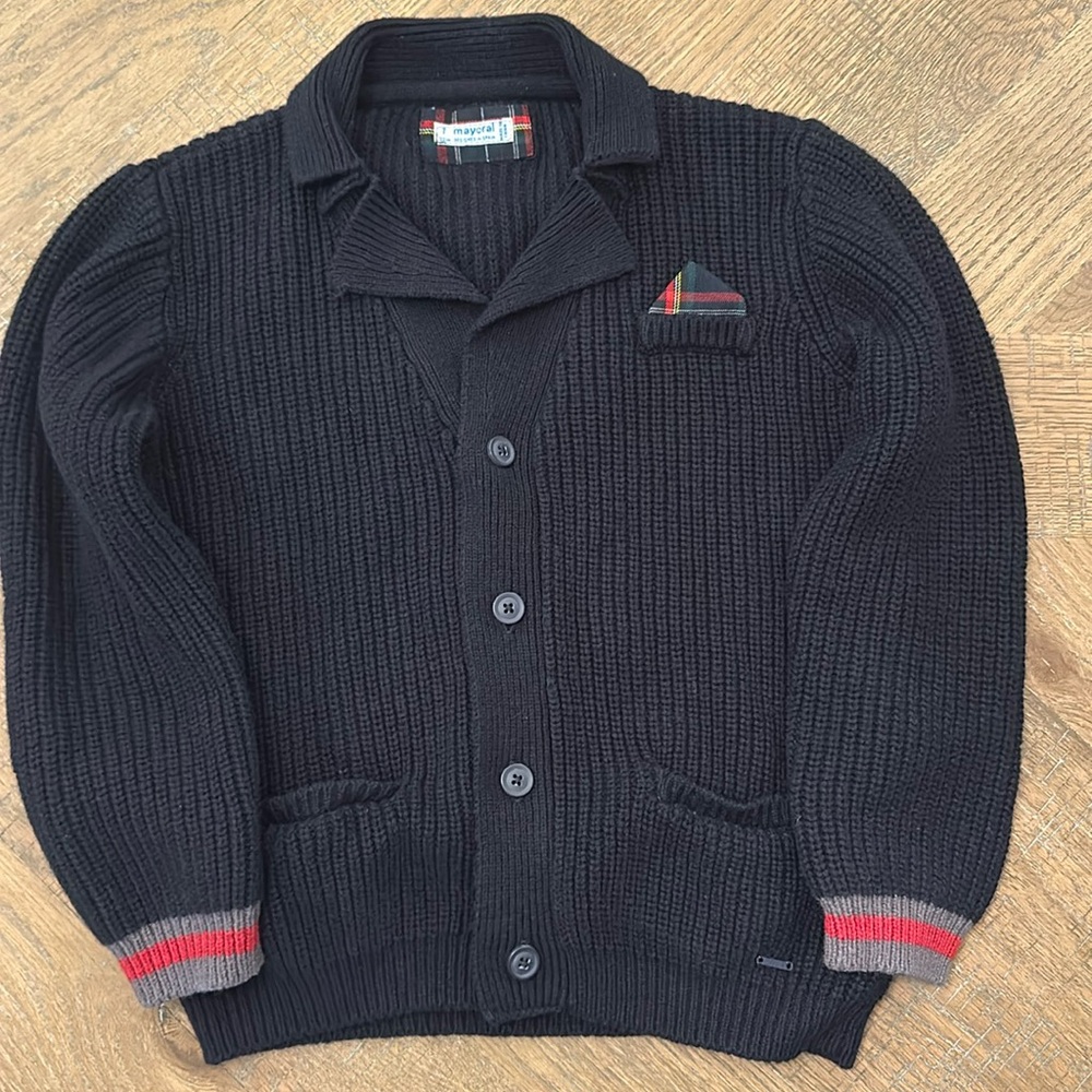 Mayoral size 7 designed in Spain button up knitted sweater w/ patchwork elbow